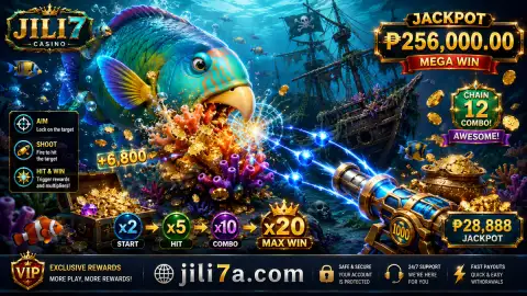 JILI7 fishing pursuit with a lion-head cannon firing ruby-orange shots through dark water toward a moving target