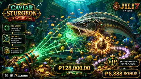 Large gold-armored boss fish dominating a JILI7 fishing scene while smaller targets move through darker surrounding water