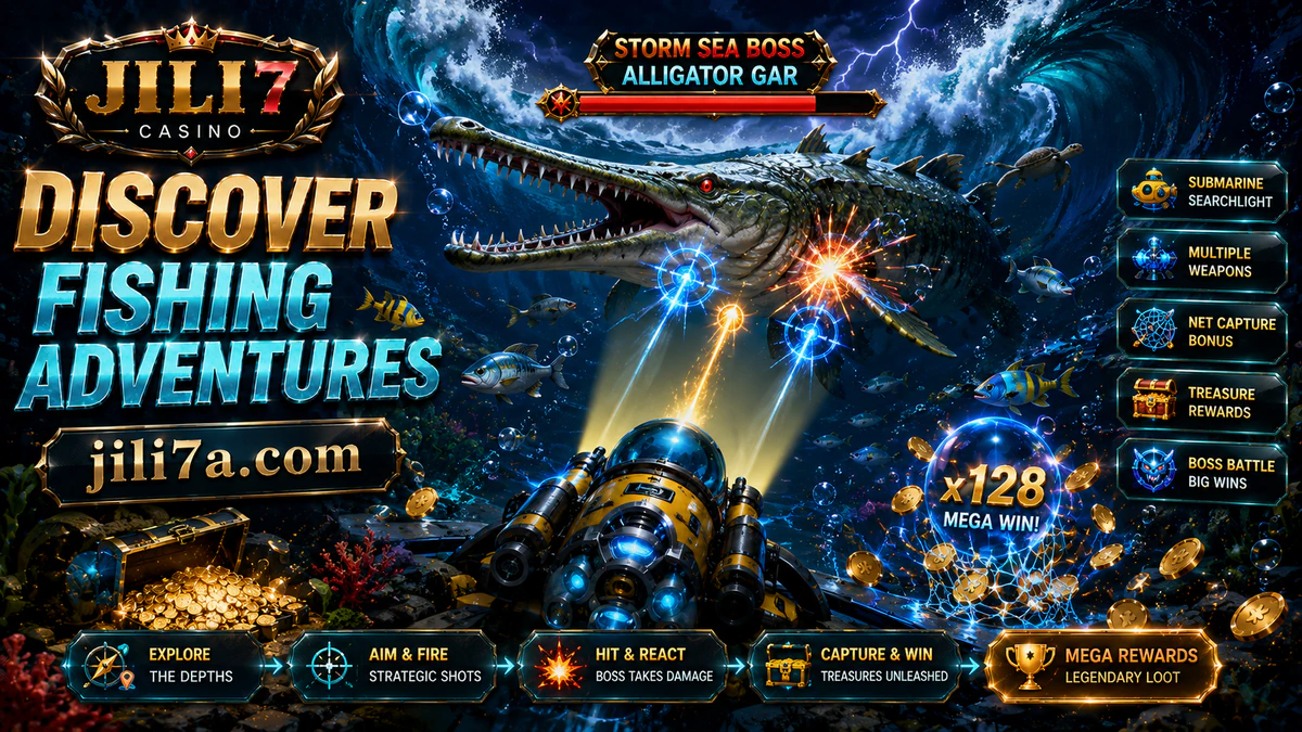 JILI7 game download fishing scene with a lion-side cannon facing an armored fish in dark water