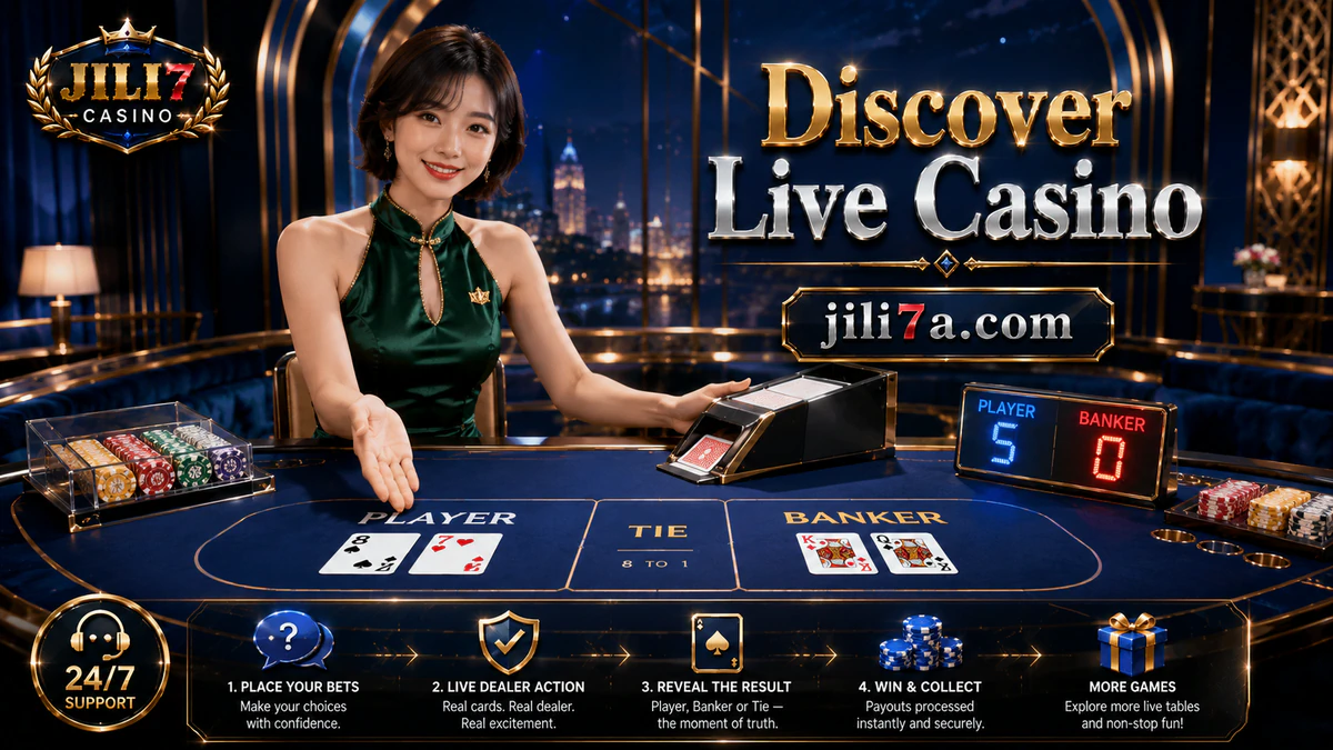 JILI7 online casino live table with dark felt, dealer hands and ruby chips during the reset